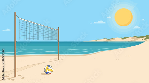 Volleyball net and ball on sandy beach with calm ocean waves and bright summer sun in a flat vector illustration style for vacation