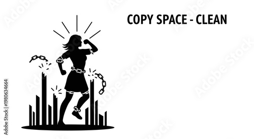 Silhouette of a woman breaking free from metal chains.