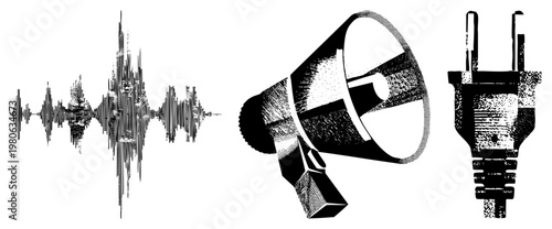 waveform visualization, megaphone speaker, electrical plug connector, halftone vector graphic, communication and power symbols.