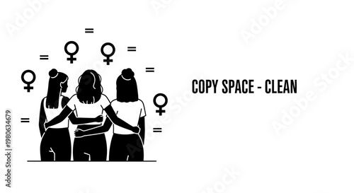 Group of diverse women standing together with female gender symbols and equality signs.