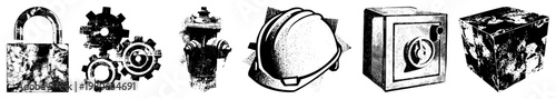 set of safety and security elements padlock, industrial gears, fire hydrant, construction helmet, vault safe, textured cube. halftone vector graphics.