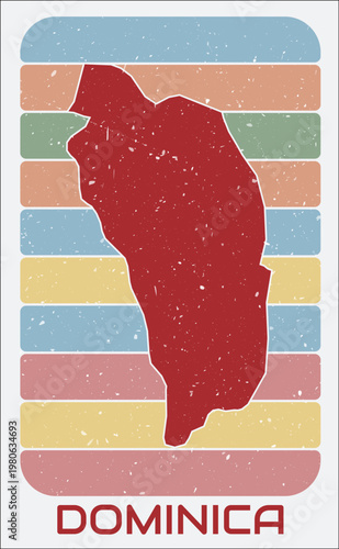 Dominica vintage logo. Shape of the country on retro colored stripes background. Dominica map design with grunge scratch texture. Vector illustration.