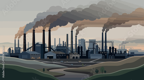 Polluted industrial landscape with factory chimneys emitting heavy smoke across a river at sunset in a flat vector art style