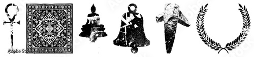 Set of symbolic ankh, rug, meditating Buddha, bell, sword, laurel wreath. vector silhouettes with halftone texture.