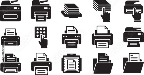 Collection of black and white printer icons and symbols