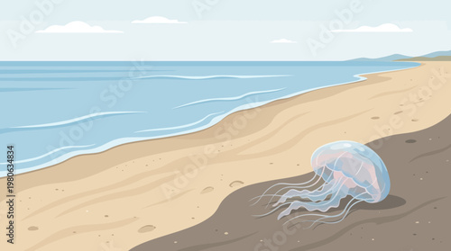 Clear jellyfish washed up on wet sandy beach near turquoise ocean surf in a flat vector coastal nature illustration for marine life