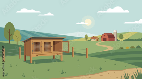 Wooden rabbit hutch in a green farm field with rolling hills and barn