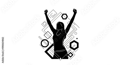 Silhouette of a triumphant woman with arms raised in victory.