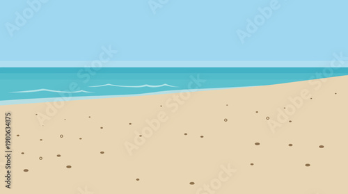 Empty sandy beach with small dark stones scattered across the shore near calm ocean waves in a minimalist flat vector landscape design
