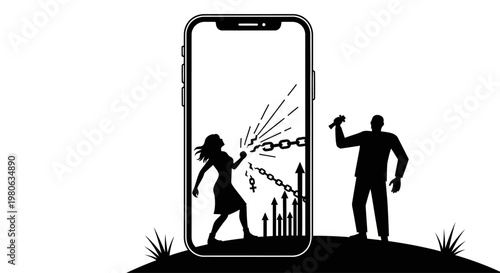 Silhouette illustration of a woman breaking digital chains inside a smartphone screen.