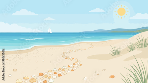 Seashells arranged in a curved path on sandy beach with distant sailboat on ocean horizon in a flat vector summer vacation illustration