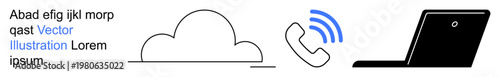 Cloud technology, remote work, online connectivity, communication systems, wireless networks, digital workspaces. Cloud icon, phone receiver with signal lines and a laptop. Cloud technology