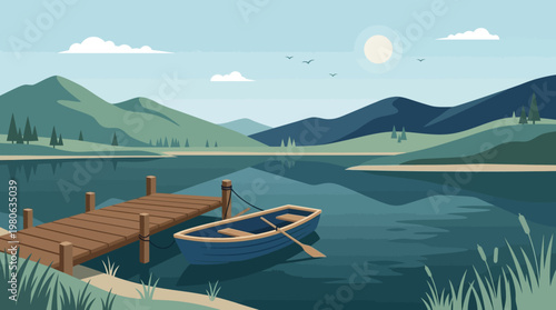 Peaceful lake landscape with wooden pier and rowing boat at sunset featuring mountain backdrop and calm water surface art