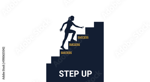 Silhouette of a businesswoman climbing a staircase towards success.