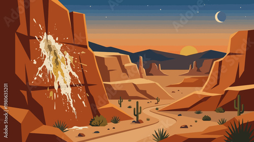 Starlit desert canyon night landscape with dramatic rock formations and white splash art under crescent moon vector design