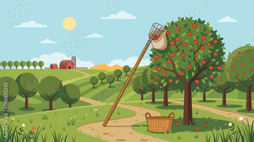 Fruitful illustration of an apple orchard with harvesting tools and baskets