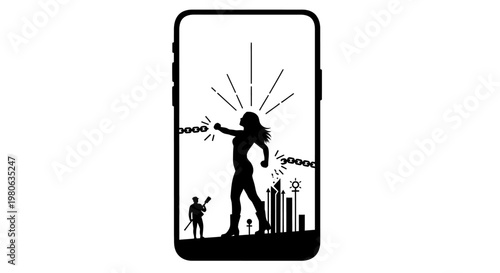 Silhouette illustration of a powerful woman breaking free from chains.