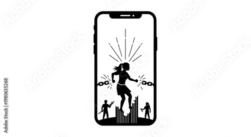 Black and white silhouette illustration of a woman breaking chains on a smartphone screen.