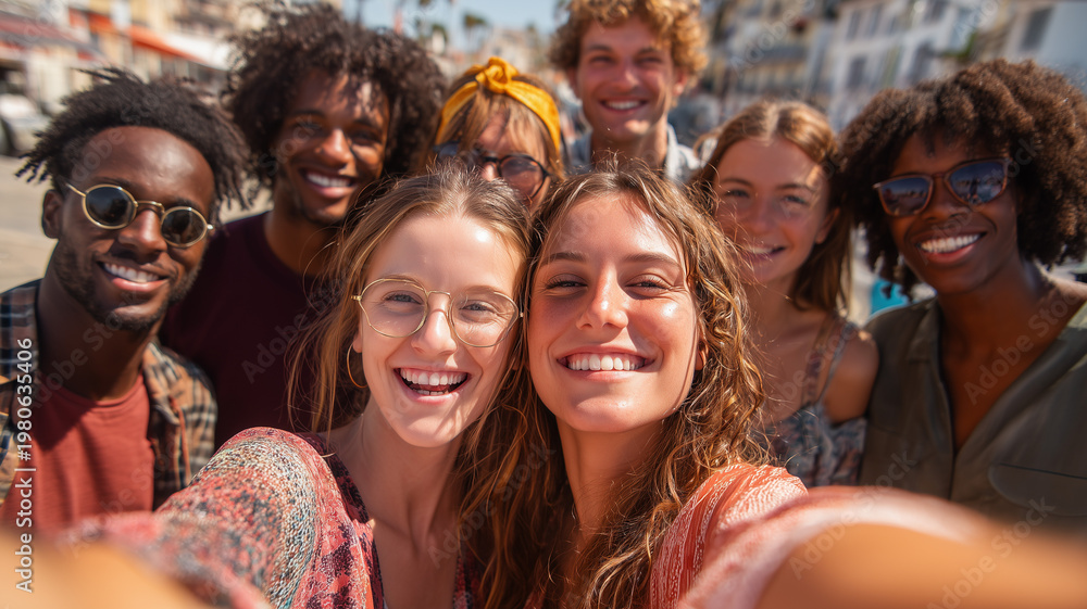Fototapeta premium Multicultural group of young adults taking a selfie together outdoors, joyful expressions, bright daylight. Ai generated