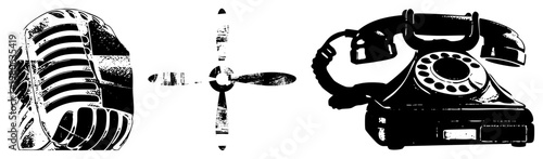 Retro microphone, airplane, rotary telephone, black and white halftone, vector graphic, isolated objects, classic communication tools.