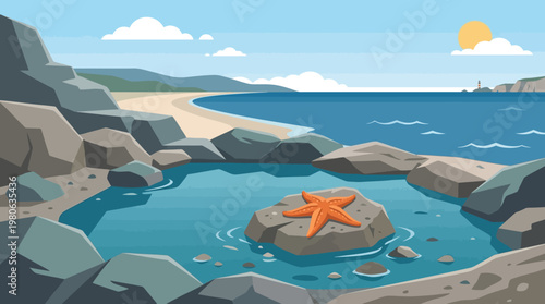 Orange starfish resting on a rock in a tidal pool on a rocky beach with blue ocean and distant lighthouse in flat vector style
