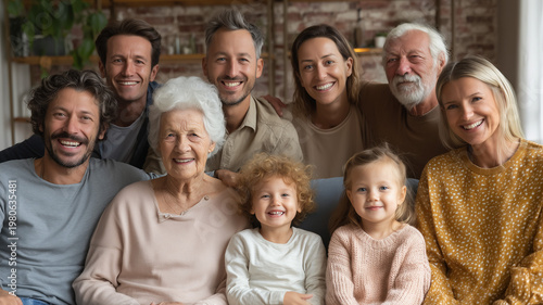 Multi-generation family portrait with grandparents, parents, and children sitting together happily at home, representing population and family structure. Ai generated