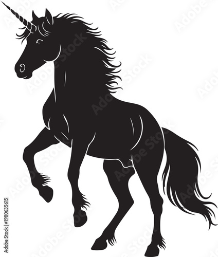 Black unicorn silhouette with white highlights horse