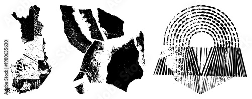 Shattered silhouette pieces and curved arch structure rendered in halftone dot, vector art with fragmented forms and graphic texture, ideal for modern design or glitch aesthetics.