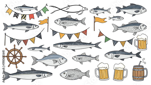 Variety of hand-drawn fish species are mixed with nautical elements like a ship wheel and beer mugs on a white background.