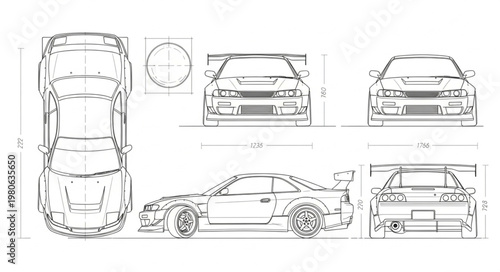 Detailed blueprint schematic of a sports car design.