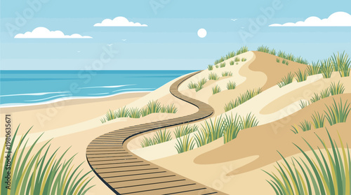 Picturesque vector artwork showing a curving wooden walkway across beach dunes and green grass