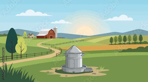 Vibrant farm landscape with red barn silo and fields at sunrise illustration