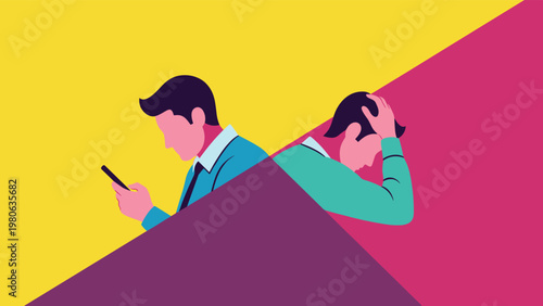 Conceptual illustration depicts two people separated by colorful diagonal sections showing different emotional states of anxiety.