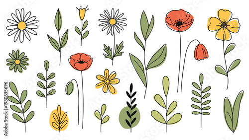 Delicate hand-drawn wildflowers and botanical stems in muted tones of green and orange are arranged on a white background.