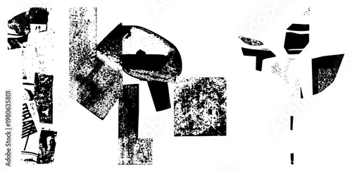 Fragmented black shapes with grainy texture, abstract composition, modern graphic design, vector art elements, stylized typography, bold silhouettes, digital illustration.