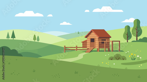 Simple farm scene with chicken coop on green rolling hills illustration