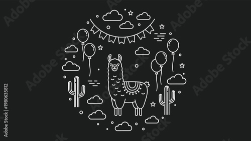 Line art illustration features a cute llama surrounded by cacti and party balloons inside a circular layout on a dark background.