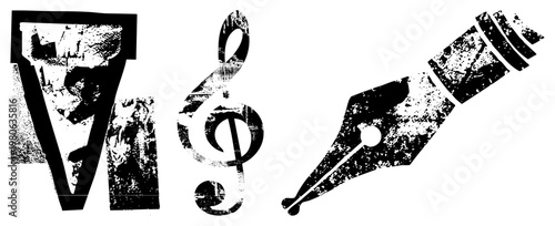 Stylized treble clef, fountain pen nib, and letter V with grunge texture, vector, creative typography, artistic design elements.