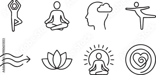 Minimalist yoga and meditation line icons, set of 8 wellness vector elements, zen mindfulness symbols for mental health and spiritual balance