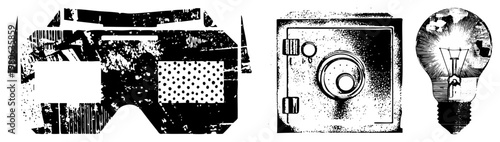 Retro style safety goggles with textured, classic safe with combination lock, glowing incandescent bulb, all in halftone vector style.