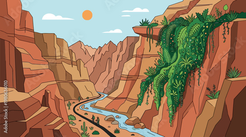 Serene Grand Canyon landscape with winding river hikers and lush hanging plant foliage