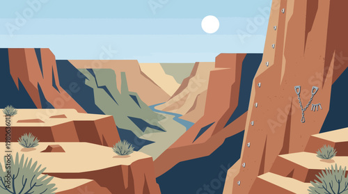 Adventurous Grand Canyon climbing route with bolts and anchors on a steep rock face