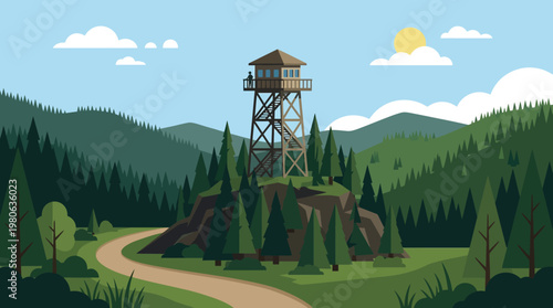 Fire lookout tower on a rocky outcrop amidst pine forest with mountains backdrop