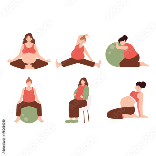 Flat illustration of pregnant women doing yoga, stretching, and relaxation poses. Ideal for prenatal fitness, maternity care, healthcare content, and social media design.