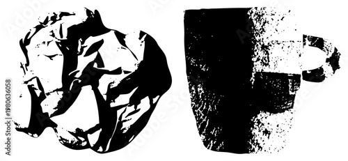 Ripped paper graphic and coffee cup, halftone style, black and white vector, distressed texture, isolated design elements.