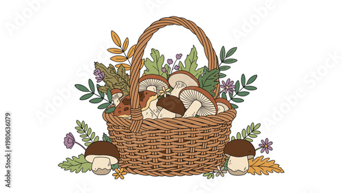 Wicker basket filled with variety of mushrooms and autumn leaves is surrounded by wild flowers in a forest setting.