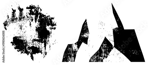 Rugged bear paw print texture, jagged mountain range shapes, distressed vector art, wilderness, nature inspired graphic.