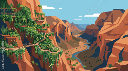 Breathtaking Grand Canyon landscape with lush terraced gardens winding river and blue sky