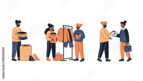 Three separate scenes show diverse people engaged in clothing donation and recycling activities with boxes and racks.