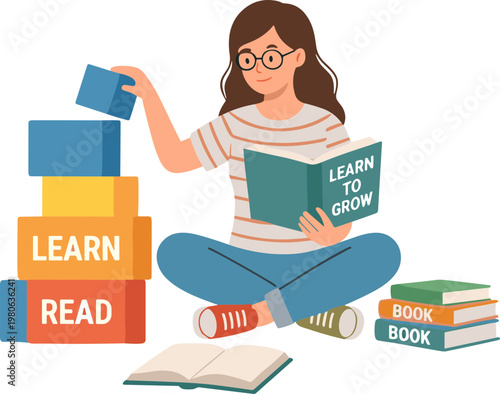 Woman sits cross-legged reading book while stacking colorful blocks beside her